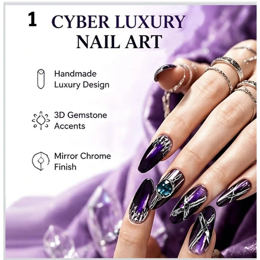 Handmade Purple Chrome Press On Nails Medium Almond Teal Gems 10Pc Reusable